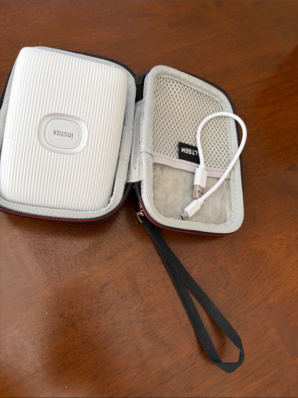 Instax White Portable Photo Printer with Gray Carry Case and White Cable